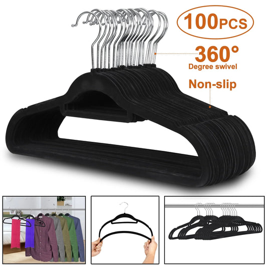 Velvet Flocked Hangers 100 Pack Non Slip Black Clothes Suit Hangers Hook Swivel 360 Ultra Thin(100Pcs, Black, Velvet)