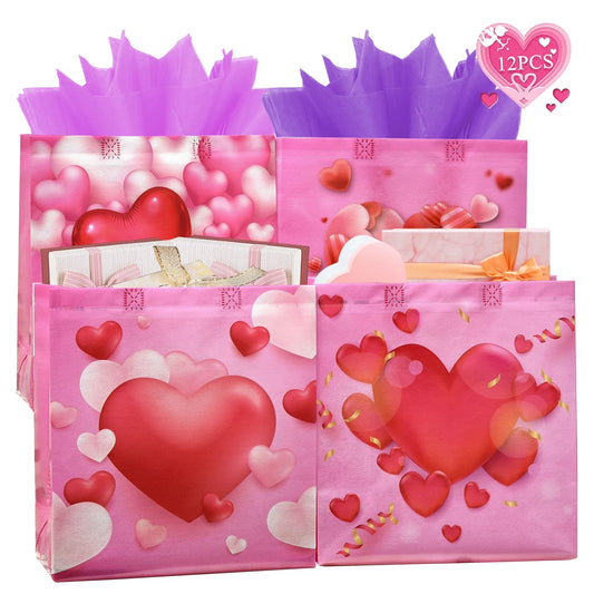 12 Bolsas De Regalo Reutilizables Para El Día De San Valentín, Bolsas De Golosinas Con Asas, Bolsas De Fiesta Para El Día De San Valentín, Bolsas De San Valentín Multifuncionales No Tejidas Para Envolver Regalos, Suministros Para Fiestas De San Valentín (Rojo)